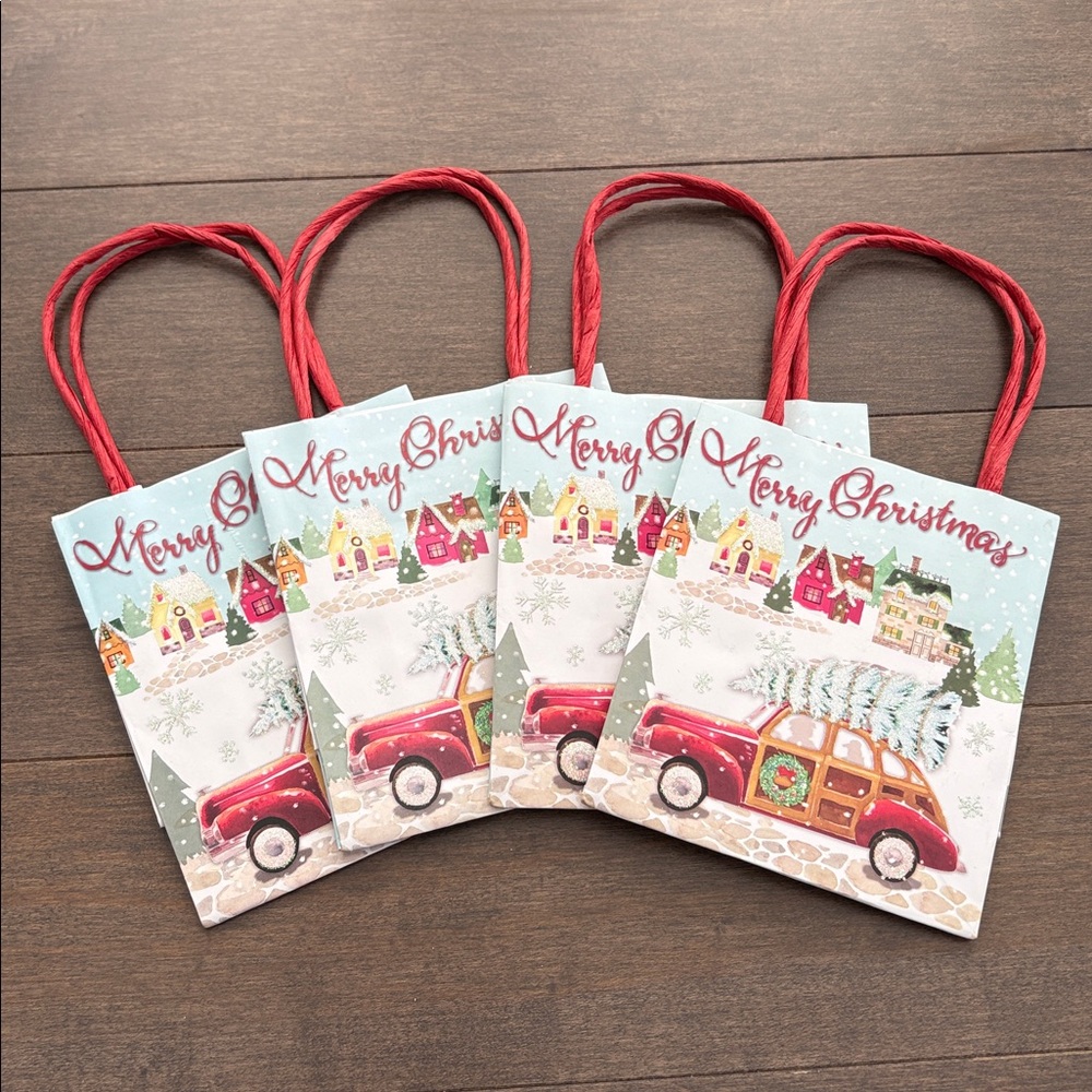 PUNCH STUDIO Merry Christmas Mini Paper Gift Bags, Red Handles Holiday Present